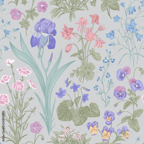 Seamless floral pattern. Garden flowers. Vector vintage botanical illustration. Pastel color