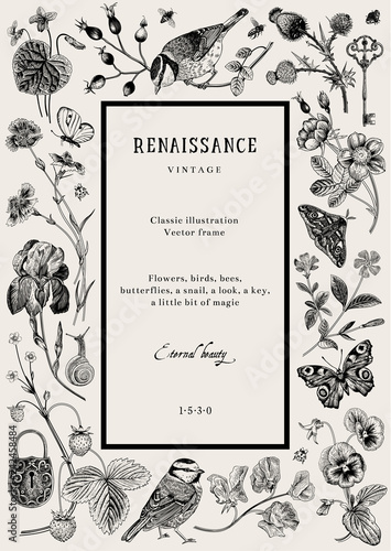 Vintage vector card. Renaissance frame. Classic illustration. Black and white