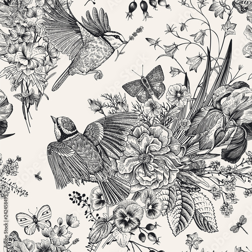 Seamless floral pattern. Tits, flowers, butterflies. Vector vintage botanical illustration. Black and white