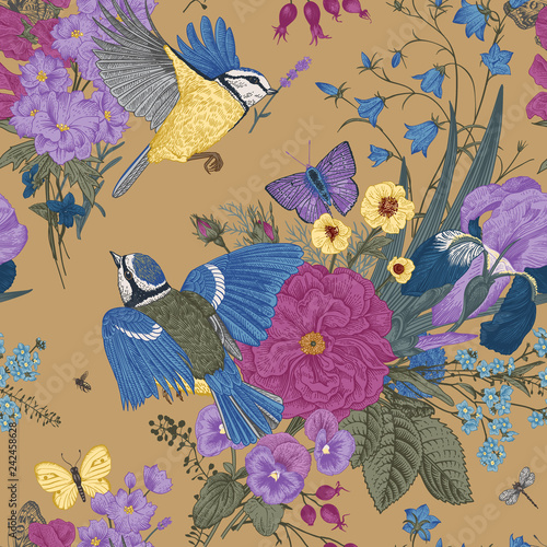 Seamless floral pattern. Tits, flowers, butterflies on a gold background. Vector vintage botanical illustration. ..