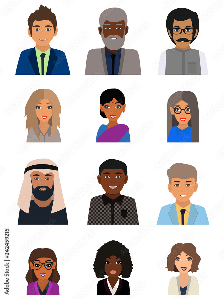 Male and female faces avatars. Business people avatar icons. Men and women of different nationalities. Multicultural society concept, man and woman characters. Flat icons set. Vector illustration Male and female faces avatars. Business people avatar icons. Men and women of different nationalities. Multicultural society concept, man and woman characters. Flat icons set. Vector illustration