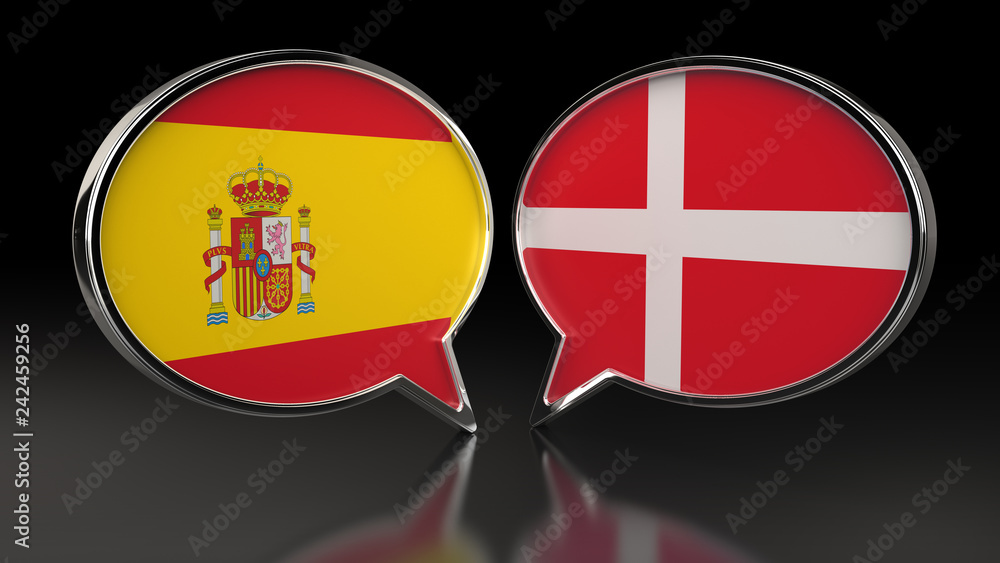 Spain and Denmark flags with Speech Bubbles. 3D illustration