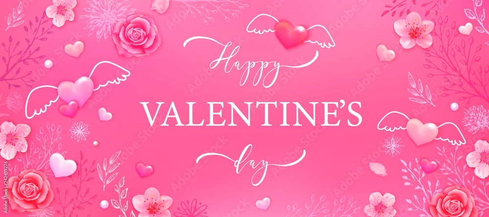 Valentine's day background with pink hearts, roses, cherry blossoms.