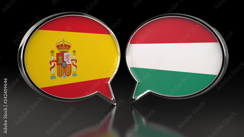Obraz premium Spain and Hungary flags with Speech Bubbles. 3D illustration