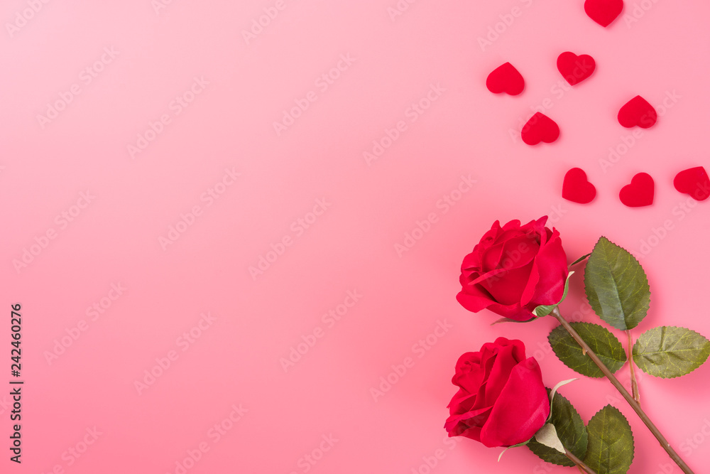 Greeting card concept of giving present at Valentine's, anniversary, mother's day and birthday surprise on pink background, copy space, top view Greeting card concept of giving present at Valentine's, anniversary, mother's day and birthday surprise on pink background, copy space, top view