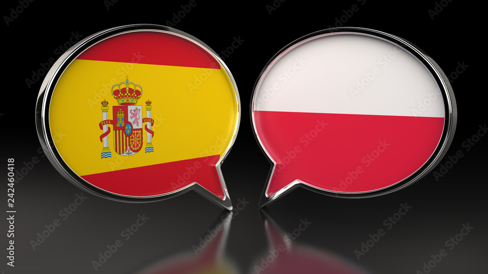 Obraz premium Spain and Poland flags with Speech Bubbles. 3D illustration