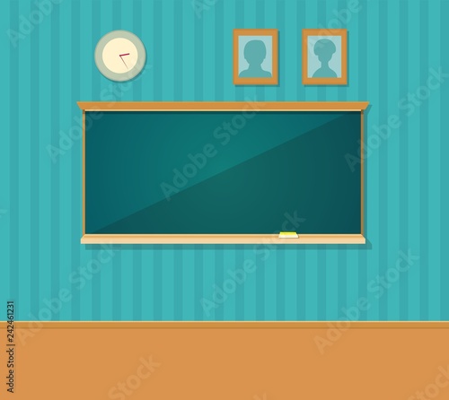 Interior of classroom with blackboard. Vector flat illustration