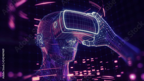 Obraz na płótnie 3D render of virtual man holding virtual reality glasses surrounded by virtual data with neon ultraviolet lines