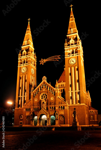 Detail from the Cathedral of Szeged at night  Hungary