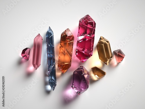 3d render, assorted colored spiritual crystals isolated on white background, reiki healing quartz, rough nuggets, faceted gemstones, semiprecious gems photo