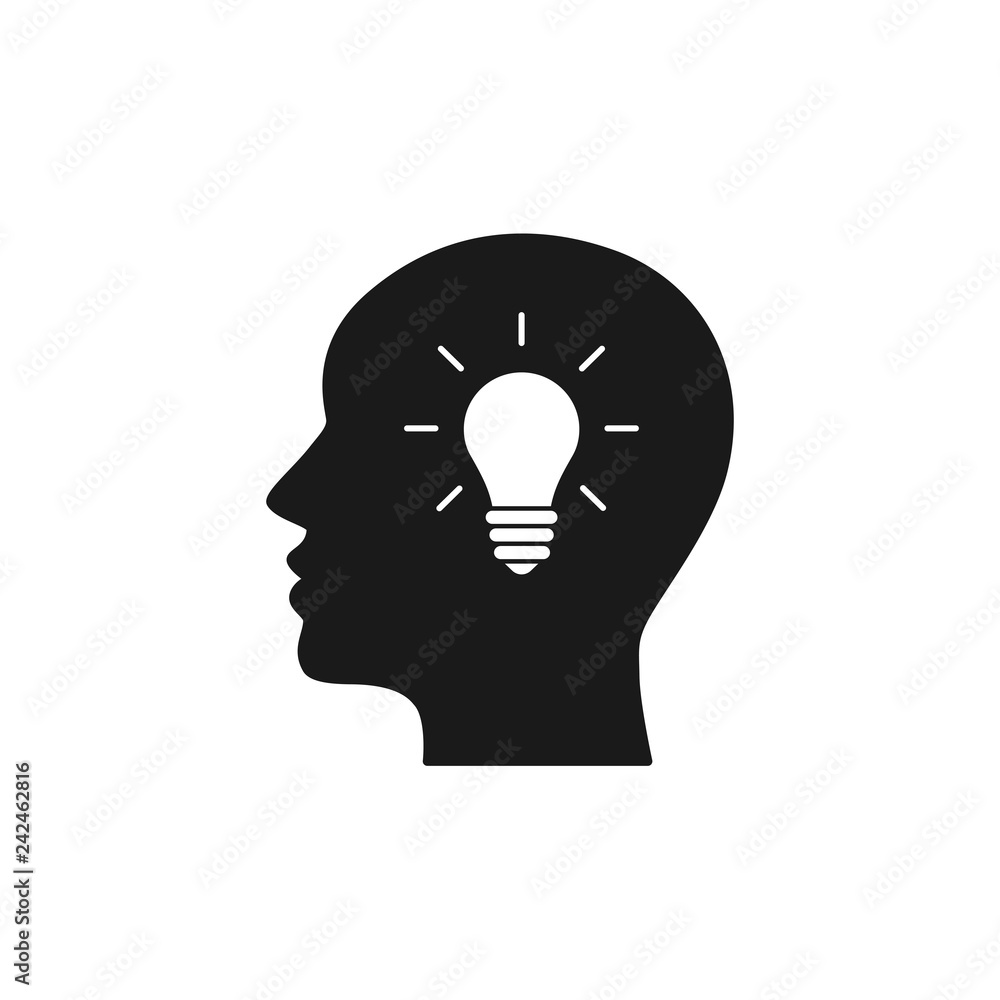 Black isolated icon of head of man and light bulb on white background. Silhouette of head of man and light bulb. Symbol of idea. Flat design. Black isolated icon of head of man and light bulb on white background. Silhouette of head of man and light bulb. Symbol of idea. Flat design.