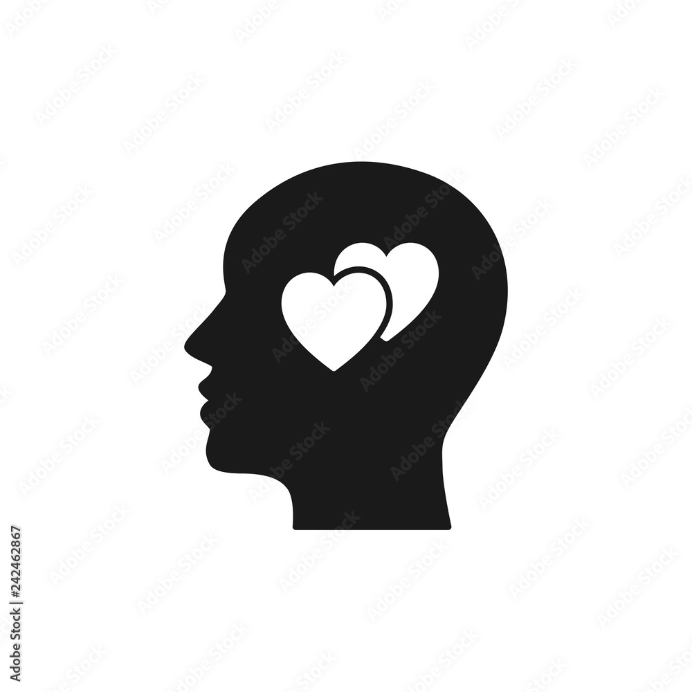 Black isolated icon of head of man and two hearts on white background. Silhouette of head of man and hearts. Love think Flat design. Black isolated icon of head of man and two hearts on white background. Silhouette of head of man and hearts. Love think Flat design.