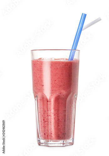glass of fresh strawberry smoothie isolated on white