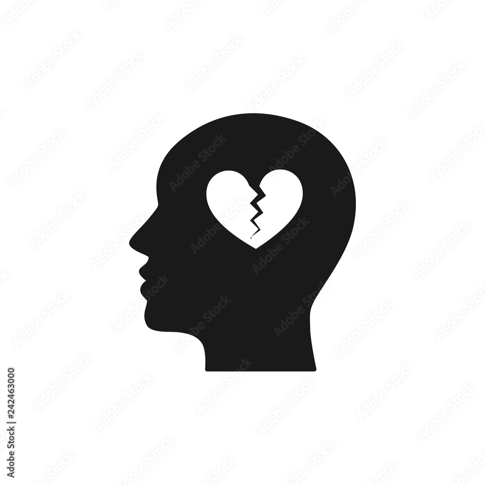 Black isolated icon of head of man and broken heart on white background. Silhouette of head of man. Symbol of divorce, separation. Flat design.