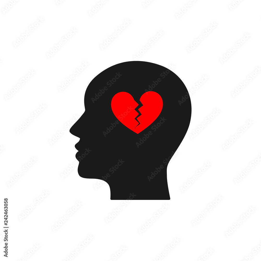 Black isolated icon of head of man and red broken heart on white background. Silhouette of head of man. Symbol of divorce, separation. Flat design. Black isolated icon of head of man and red broken heart on white background. Silhouette of head of man. Symbol of divorce, separation. Flat design.