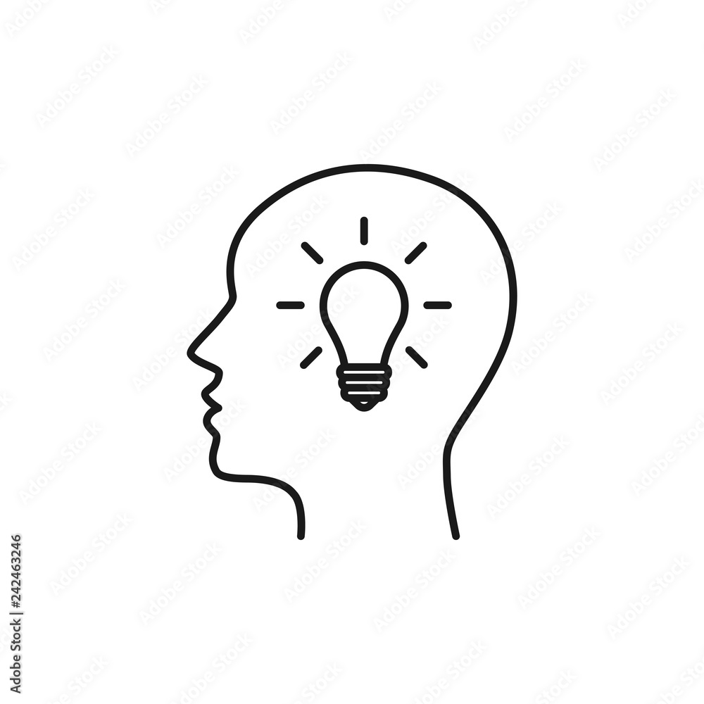 Black isolated outline icon of head of man and light bulb on white background. Line icon of head of man and light bulb. Symbol of idea. Flat design. Black isolated outline icon of head of man and light bulb on white background. Line icon of head of man and light bulb. Symbol of idea. Flat design.