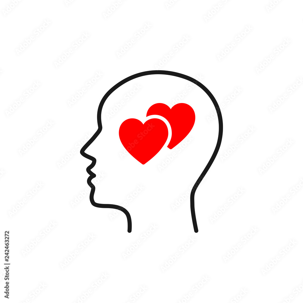 Black isolated outline icon of head of man and two red hearts on white background. Line icon of head of man and hearts. Love think. Flat design. Black isolated outline icon of head of man and two red hearts on white background. Line icon of head of man and hearts. Love think. Flat design.