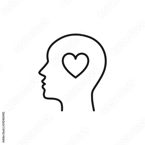 Black isolated outline icon of head of man and heart on white background. Line icon of head of man. Love think. Flat design.