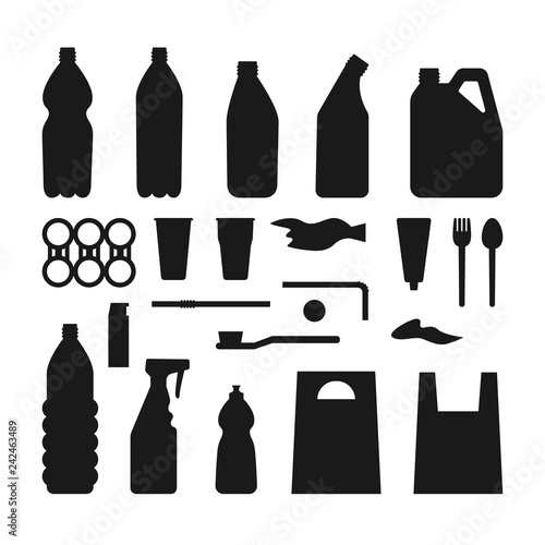 Set of black plastic objects on white background. Silhouette of plastic garbage Bottle, bag, straw, spoon, fork. Plastic pollution.