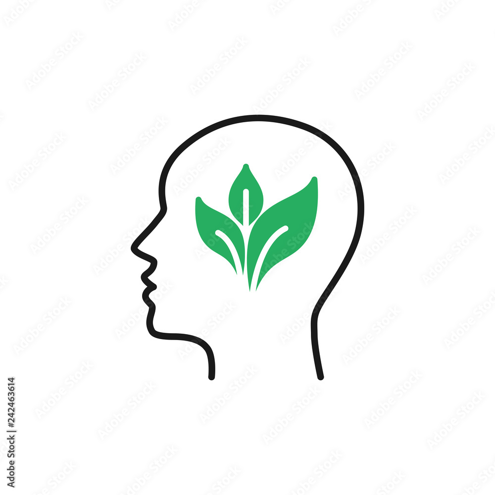 Black isolated outline icon of head of man and green leaf on white ...