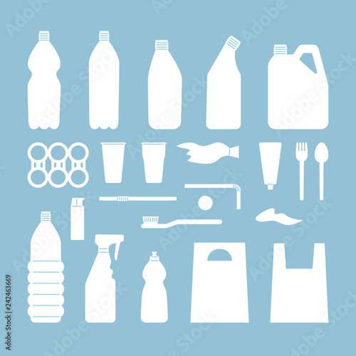 Set of white plastic objects on blue background. Silhouette of plastic garbage. Bottle  bag  straw  spoon  fork. Plastic pollution.
