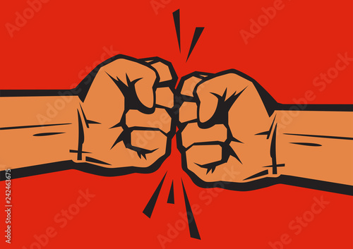 Two clenched fists bumping together. The concept of conflict, confrontation, resistance, competition, struggle. Hand drawn vector illustration isolated on red.