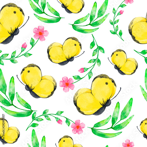 Watercolor seamless pattern with yellow butterflies, green leaves and pink flowers. Cartoon illustration.
