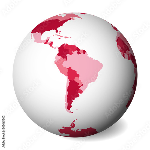 Blank political map of South America. 3D Earth globe with pink map. Vector illustration.