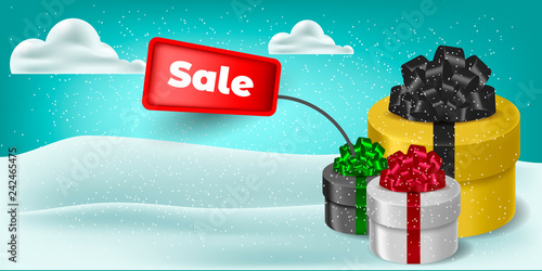 Vector volumetric realistic illustration of a gift box with a bow. Snow and snowdrifts