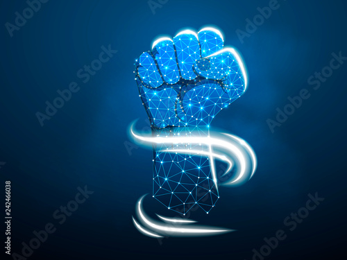 Fist. Low poly frame and dots. The concept of a polygonal 3D agreement on a dark blue background. Business concept with geometric triangle. Vector Abstract power