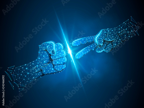 Hands of businessman with Rock versus Scissors gesture. Connection wireframe image. Rock, Papper, Scissors game. Neon Polygonal space low poly. Vector on dark blue background