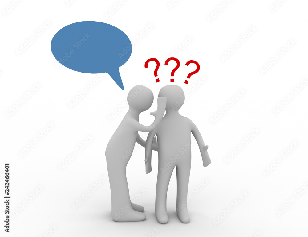 3d people - men, person whispered at ear and question marks. 3d people - men, person whispered at ear and question marks.