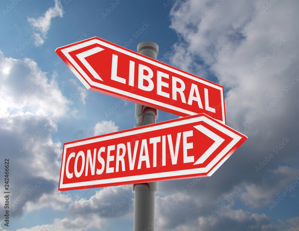 two road signs - liberal conservative choice - obrazy, fototapety, plakaty 
