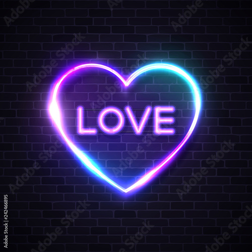 Greeting card with sign love on brick background for promotion banner party poster, t shirt, sex shop, valentine decoration stamp label. Neon heart signboard. Night club vector illustration.