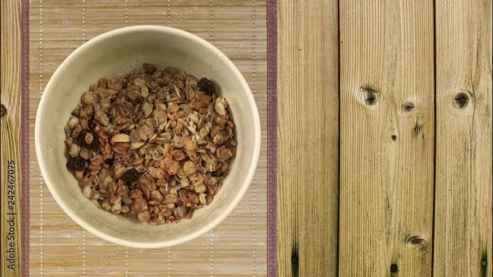 Muesli and milk disappear step by step. Muesli and milk disappear step by step.