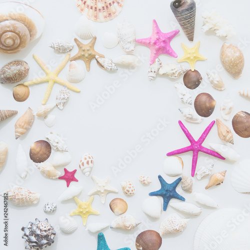 Frame from sea cockleshells and the stars. Round frame of sea shells. Copy space. Travel background.