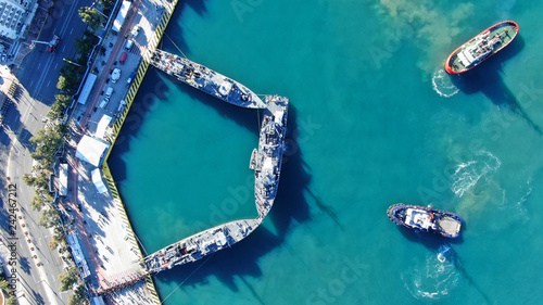 Aerial drone photo of famous Christian ceremony of Epiphany in main port of Piraeus