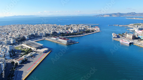 Aerial drone photo of crowded port of Piraeus, one of the most large in Europe, where boats and cruise ships travel to popular Aegean destinations