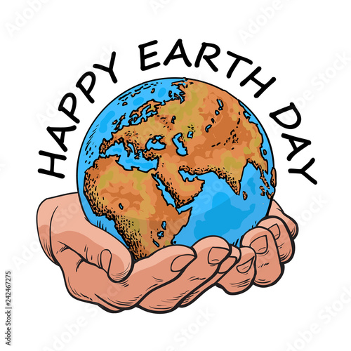 Happy Earth Day typography. Globe in hands. Two palms hold the Earth. Environment concept. Hand drawn cartoon vector illustration in sketch style isolated in white.