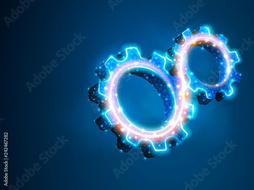 Spinning Gears. Industry development, engine work, business solution concept. Machine engineering technology symbol. Raster low poly polygonal wireframe two 3d gears illustration on blue background