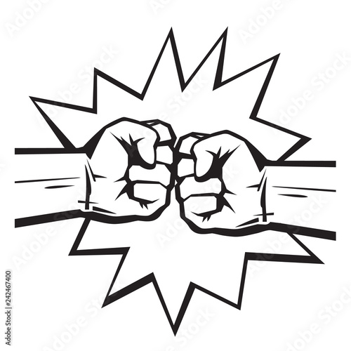 Two clenched fists bumping together on pop art comic burst background. The concept of conflict, confrontation, resistance, competition, struggle. Hand drawn vector illustration.