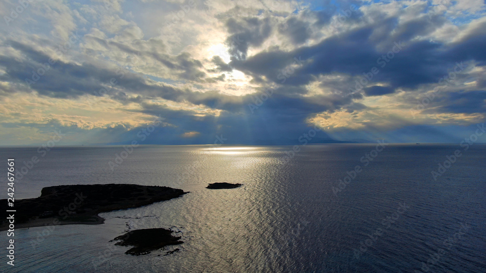 Fototapeta premium Aerial drone photo of beautiful sunset over the Aegean sea and Greek islands, Greece