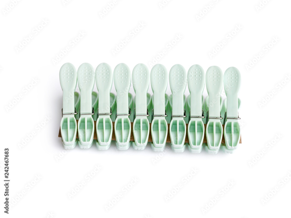 Fototapeta premium Set of ten clothespins isolated on white background with clipping path