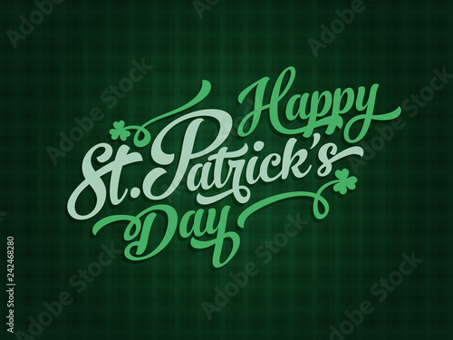 Saint Patrick's day calligraphic text label design elements on celtic green pattern