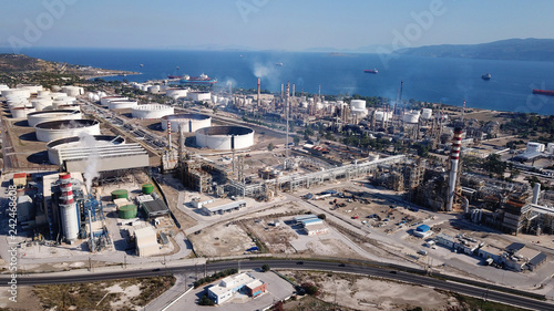 Aerial drone photo of famous full working plant and oil refinery of Motor Oil in Corinth area, Greece
