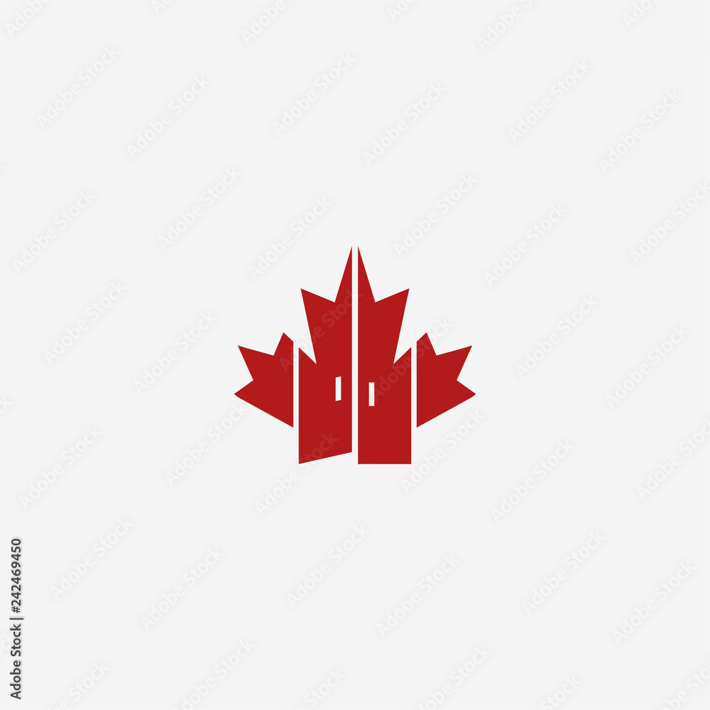 Fototapeta premium Canadian red maple leaf isolated on light background. Vector maple leaf logo design template with open door furniture 