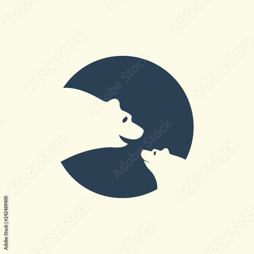 Cute polar bear cartoon logo negative space. Happy mom and baby arctic animals