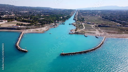Photos Aerial bird's eye view photo taken by drone of Corinth Canal entrance of Isthmos