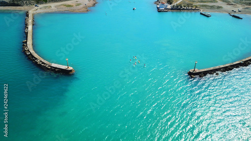 Aerial bird's eye view photo taken by drone of Corinth Canal entrance of Isthmos or Isthmus, Peloponnese, Greece