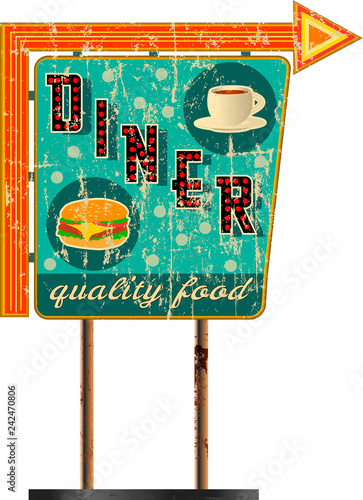 grungy route 66 diner sign, retro grungy vector illustration